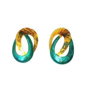 Vintage 80s Swirl Green Enamel Yellow Gold Plated Dangle Earrings Post Screw